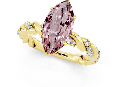 Yellow gold Marquise Cut Morganite Solitaire Ring with Twisted Band and Pavé Accents_1