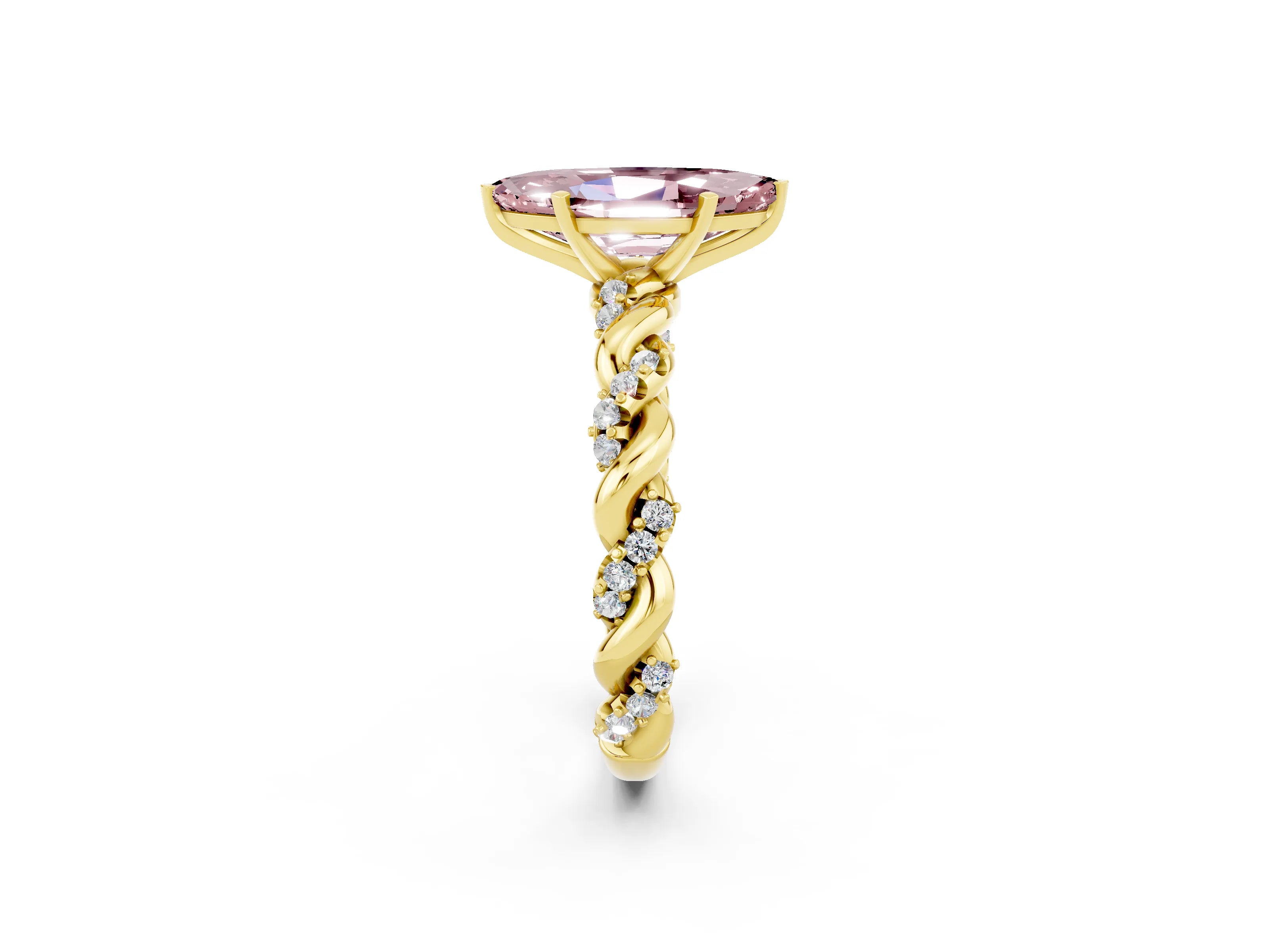 Yellow gold Marquise Cut Morganite Solitaire Ring with Twisted Band and Pavé Accents_2