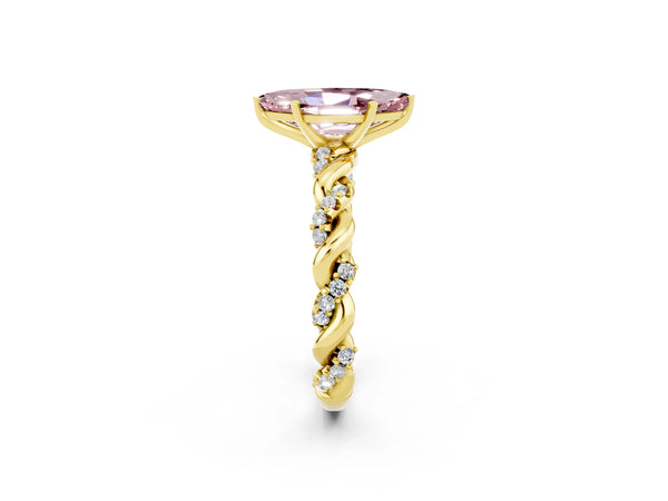 Yellow gold Marquise Cut Morganite Solitaire Ring with Twisted Band and Pavé Accents