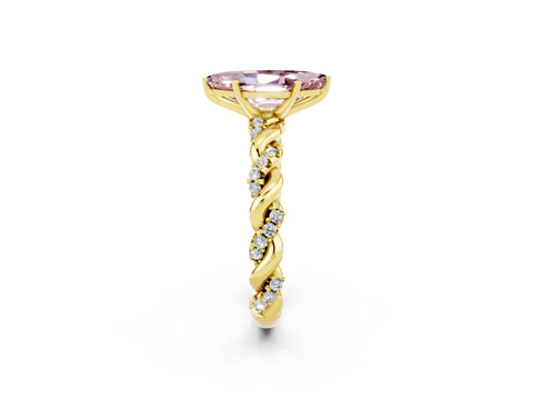 Yellow gold Marquise Cut Morganite Solitaire Ring with Twisted Band and Pavé Accents_2