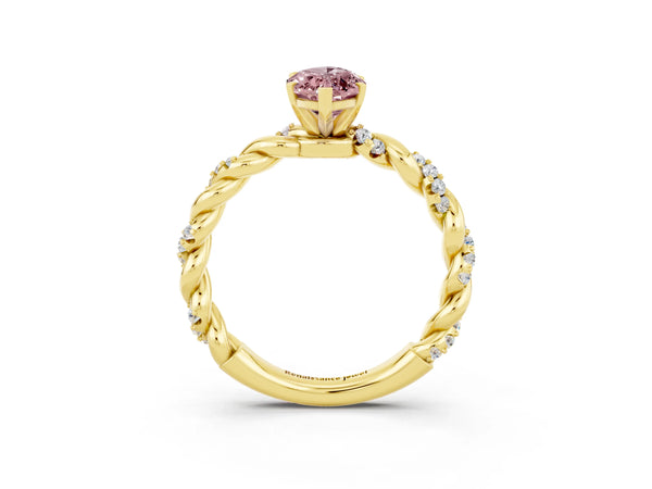 Yellow gold Marquise Cut Morganite Solitaire Ring with Twisted Band and Pavé Accents