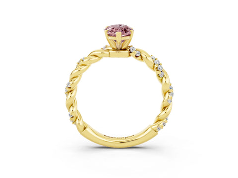 Yellow gold Marquise Cut Morganite Solitaire Ring with Twisted Band and Pavé Accents_3