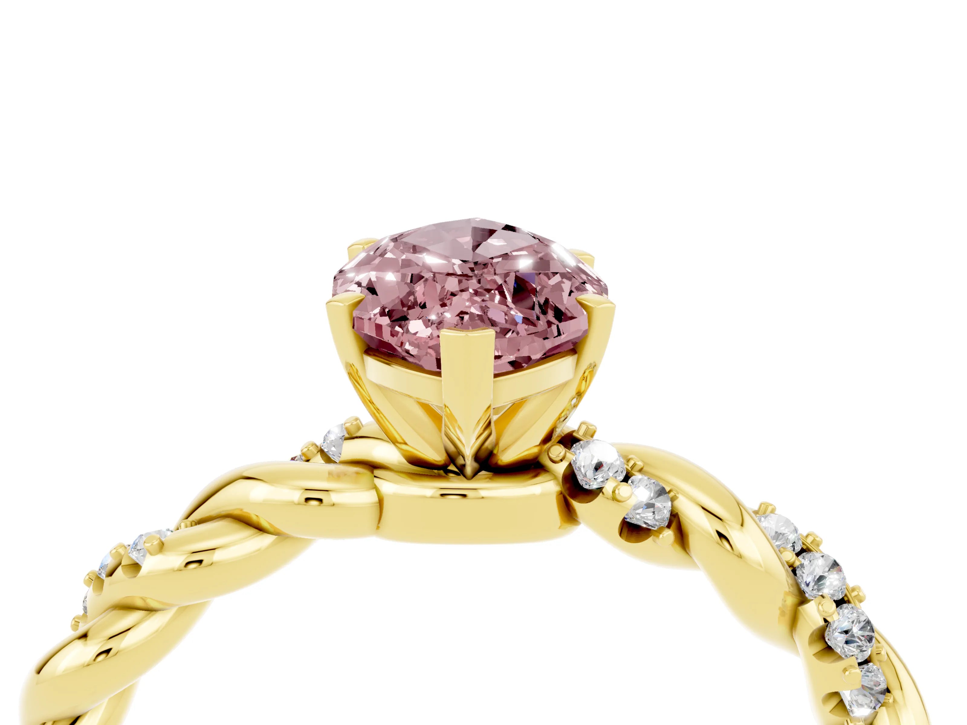 Yellow gold Marquise Cut Morganite Solitaire Ring with Twisted Band and Pavé Accents_4