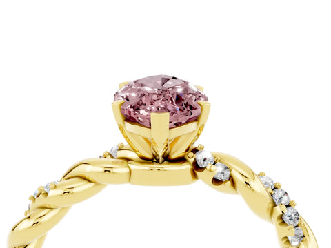 Yellow gold Marquise Cut Morganite Solitaire Ring with Twisted Band and Pavé Accents_4
