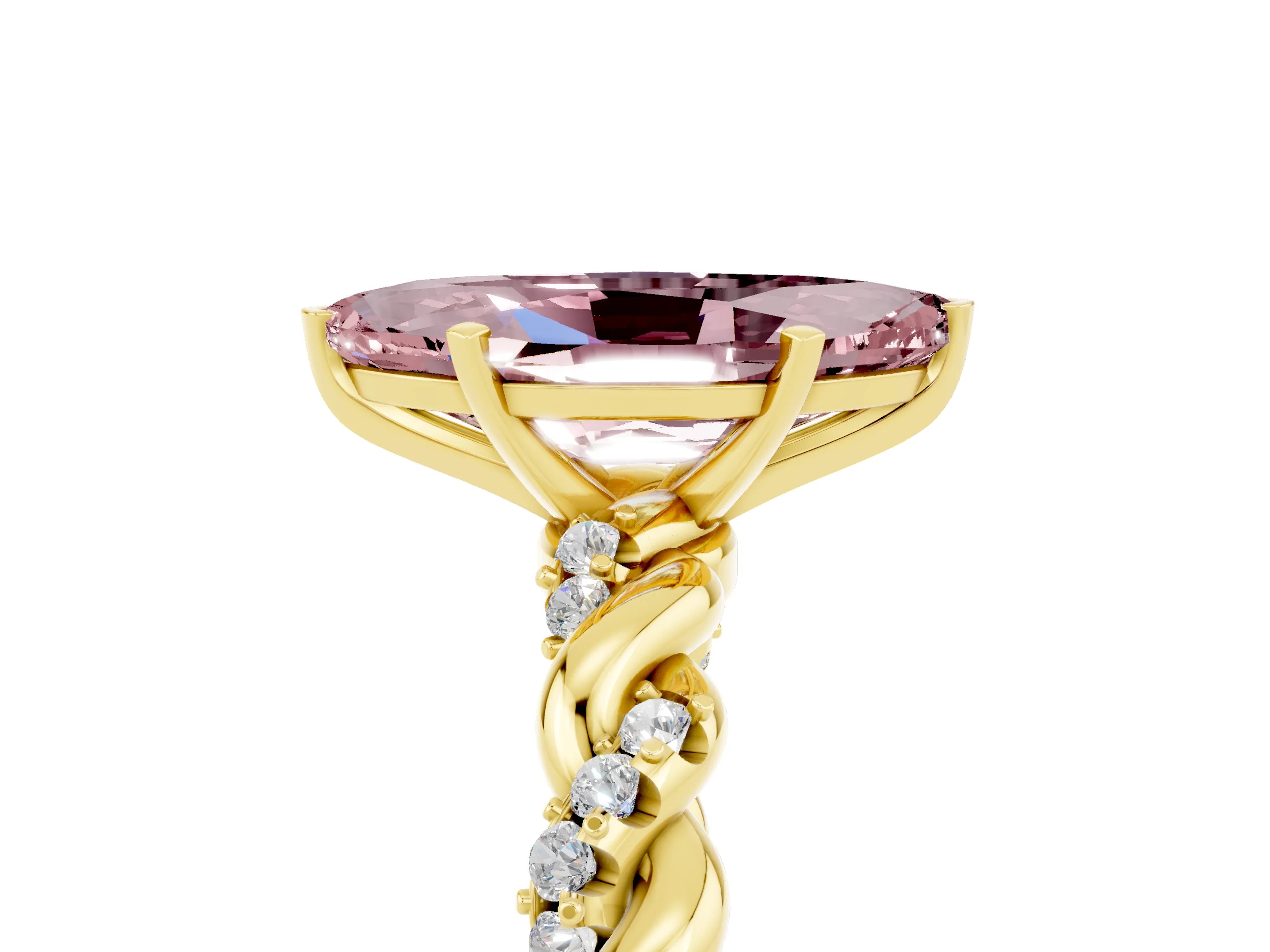 Yellow gold Marquise Cut Morganite Solitaire Ring with Twisted Band and Pavé Accents_5