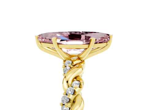 Yellow gold Marquise Cut Morganite Solitaire Ring with Twisted Band and Pavé Accents_5