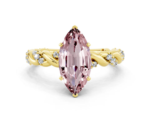 Yellow gold Marquise Cut Morganite Solitaire Ring with Twisted Band and Pavé Accents