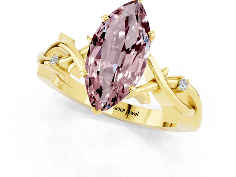 Yellow gold Marquise Cut Morganite Solitaire Ring with Twisted Band and Prong Setting_1