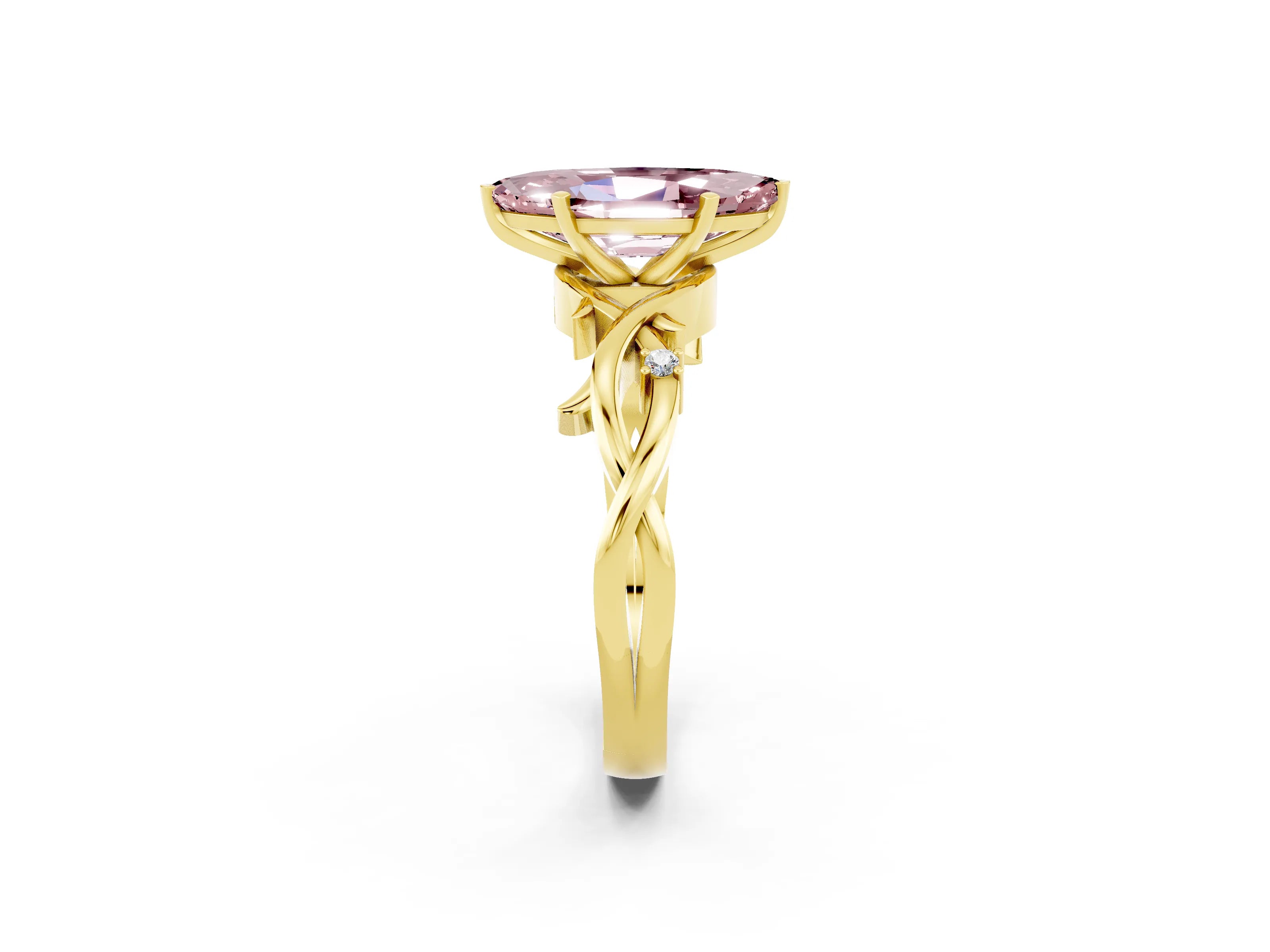 Yellow gold Marquise Cut Morganite Solitaire Ring with Twisted Band and Prong Setting_2