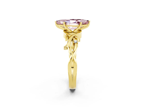 Yellow gold Marquise Cut Morganite Solitaire Ring with Twisted Band and Prong Setting