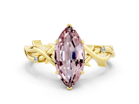 Yellow gold Marquise Cut Morganite Solitaire Ring with Twisted Band and Prong Setting