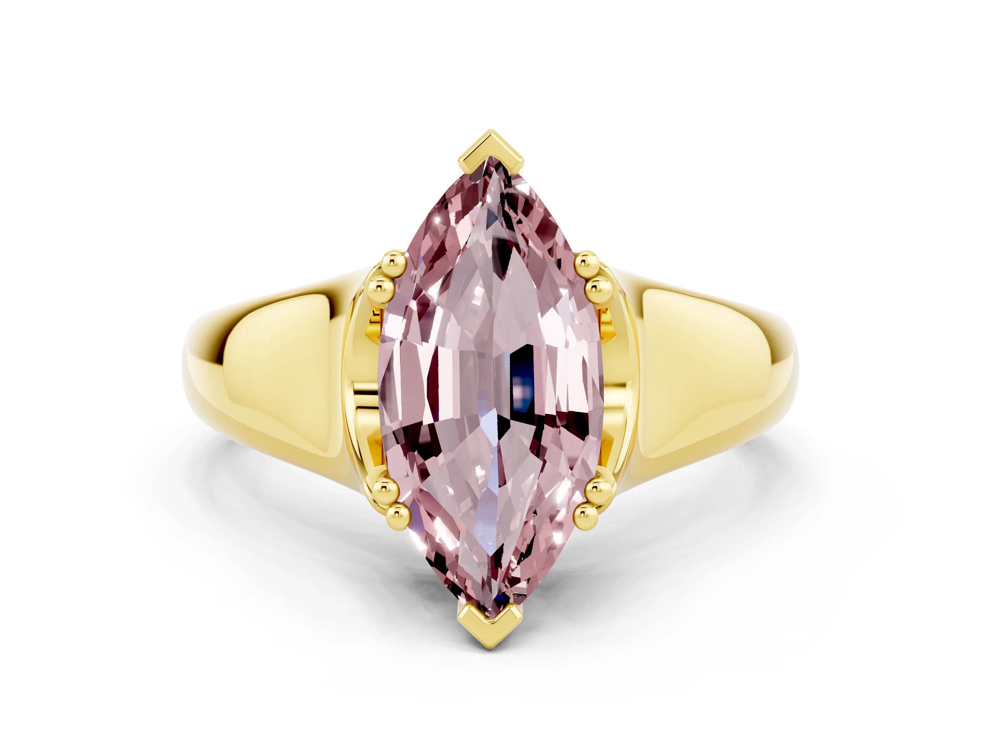 Yellow gold Marquise Cut Morganite Solitaire Ring with Wide Band and Prong Setting
