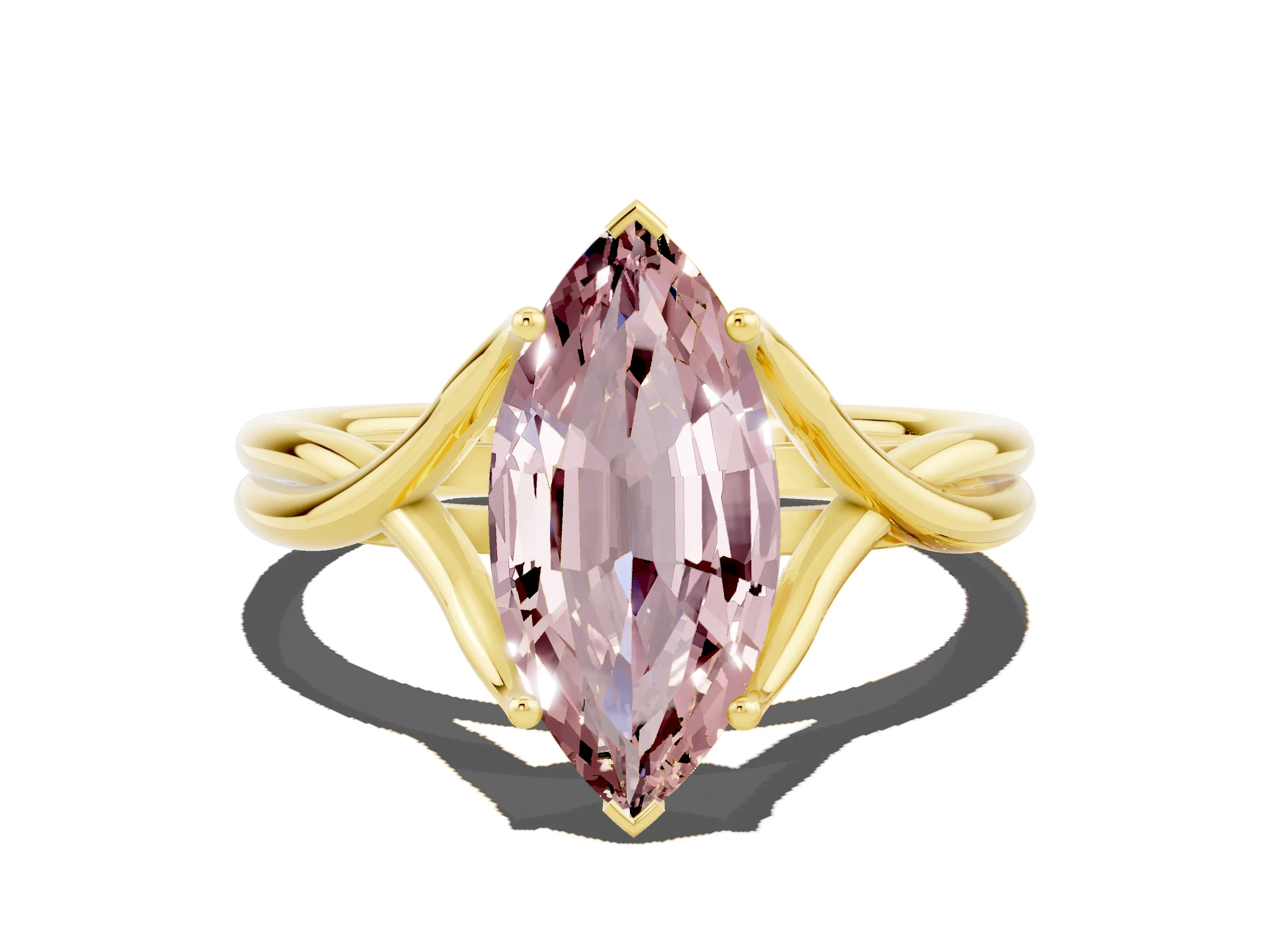 Yellow gold Marquise Cut Morganite Solitaire Twist Band Prong Setting Ring_36
