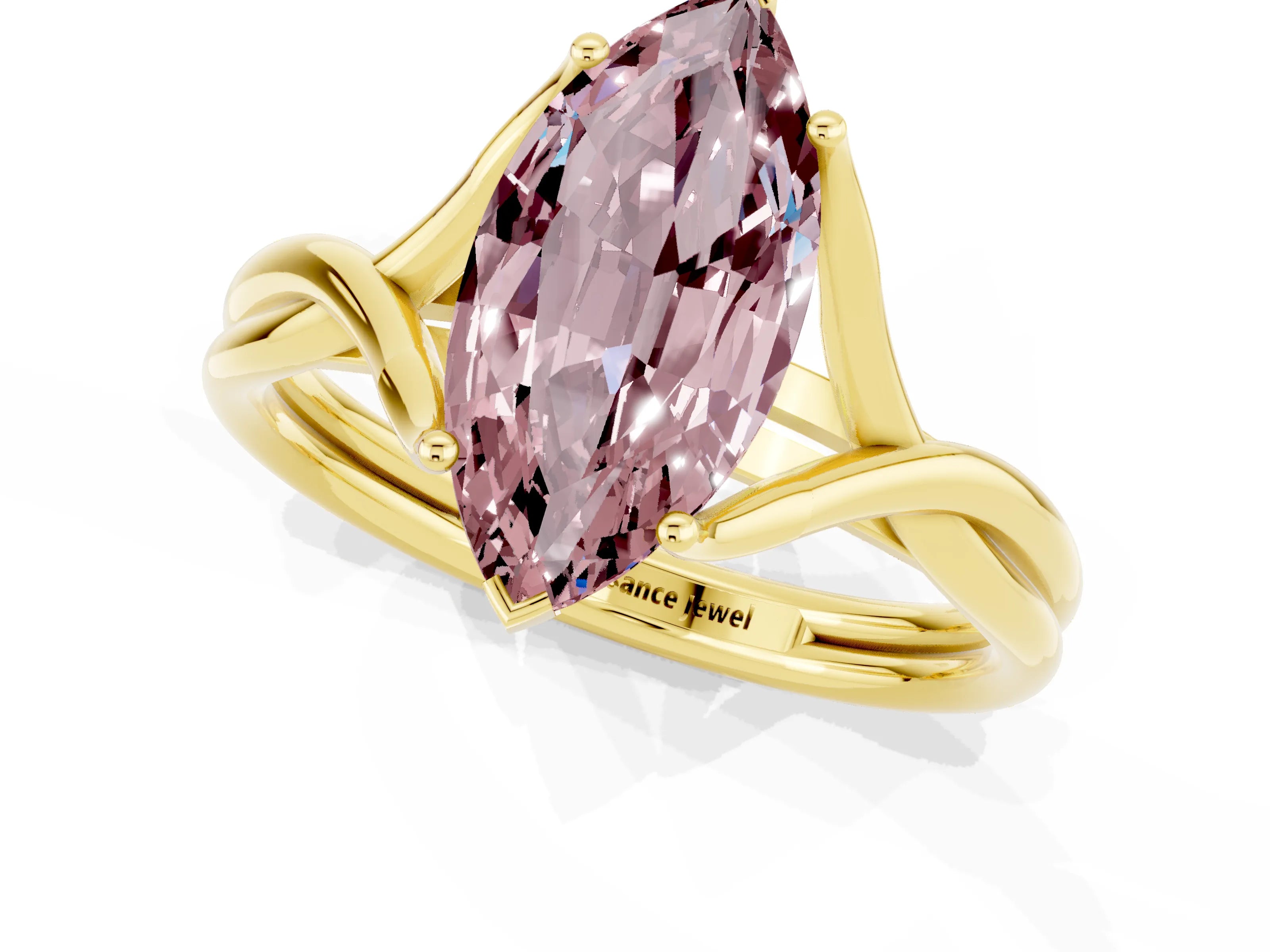 Yellow gold Marquise Cut Morganite Solitaire Twist Band Prong Setting Ring_37