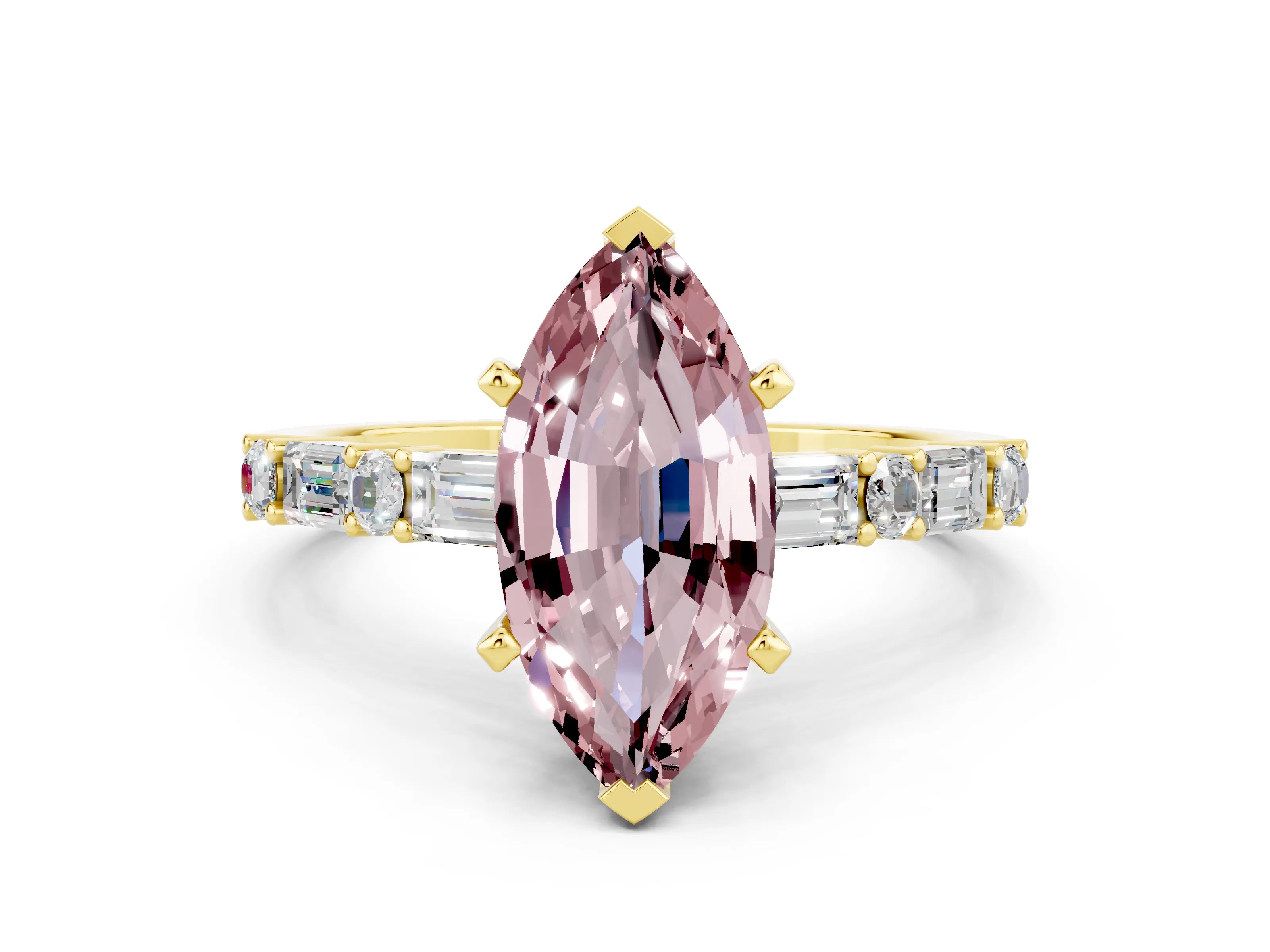 Yellow gold Marquise Cut Morganite Solitaire with Side Baguettes and Channel Set Band