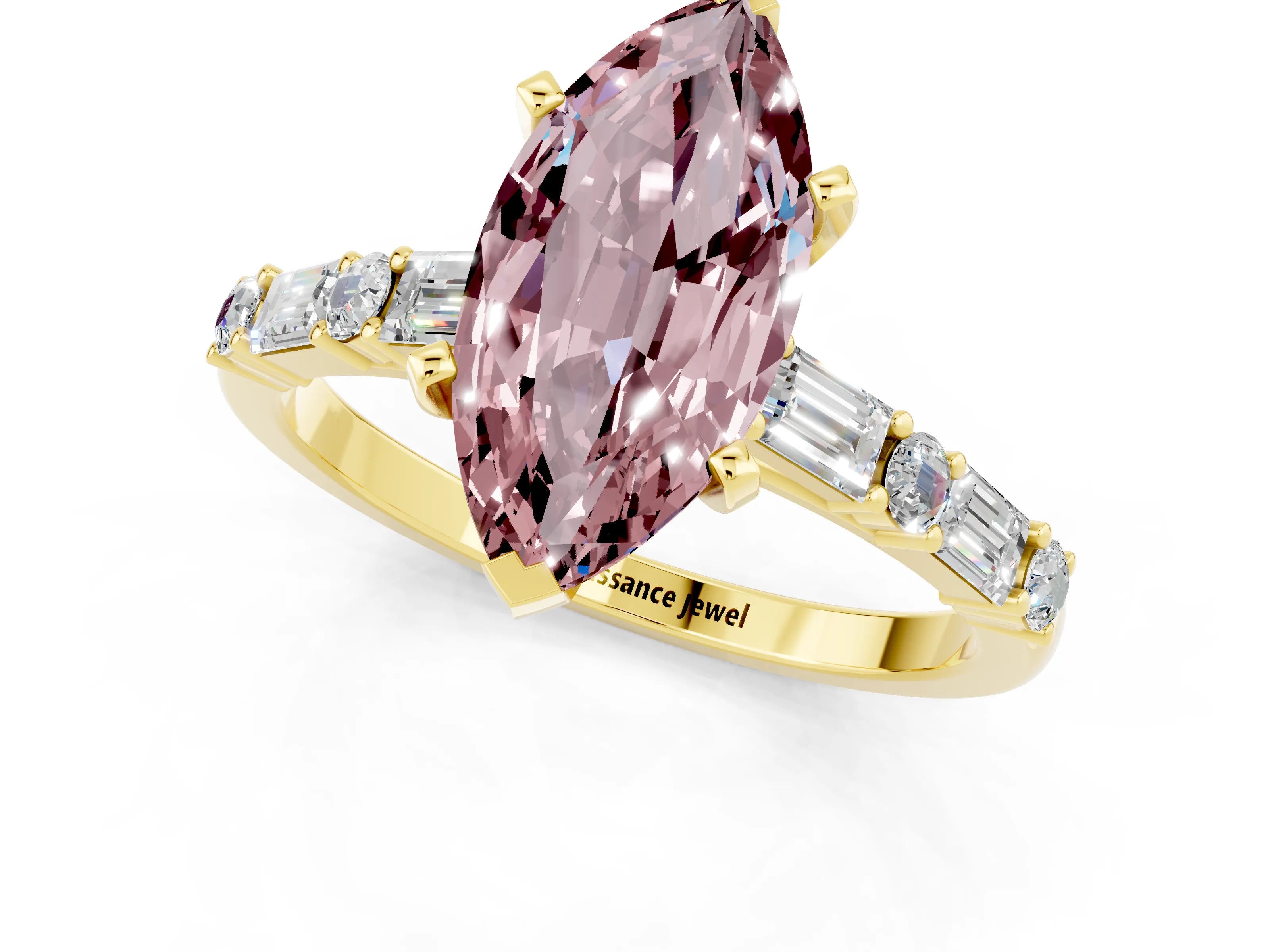 Yellow gold Marquise Cut Morganite Solitaire with Side Baguettes and Channel Set Band_1