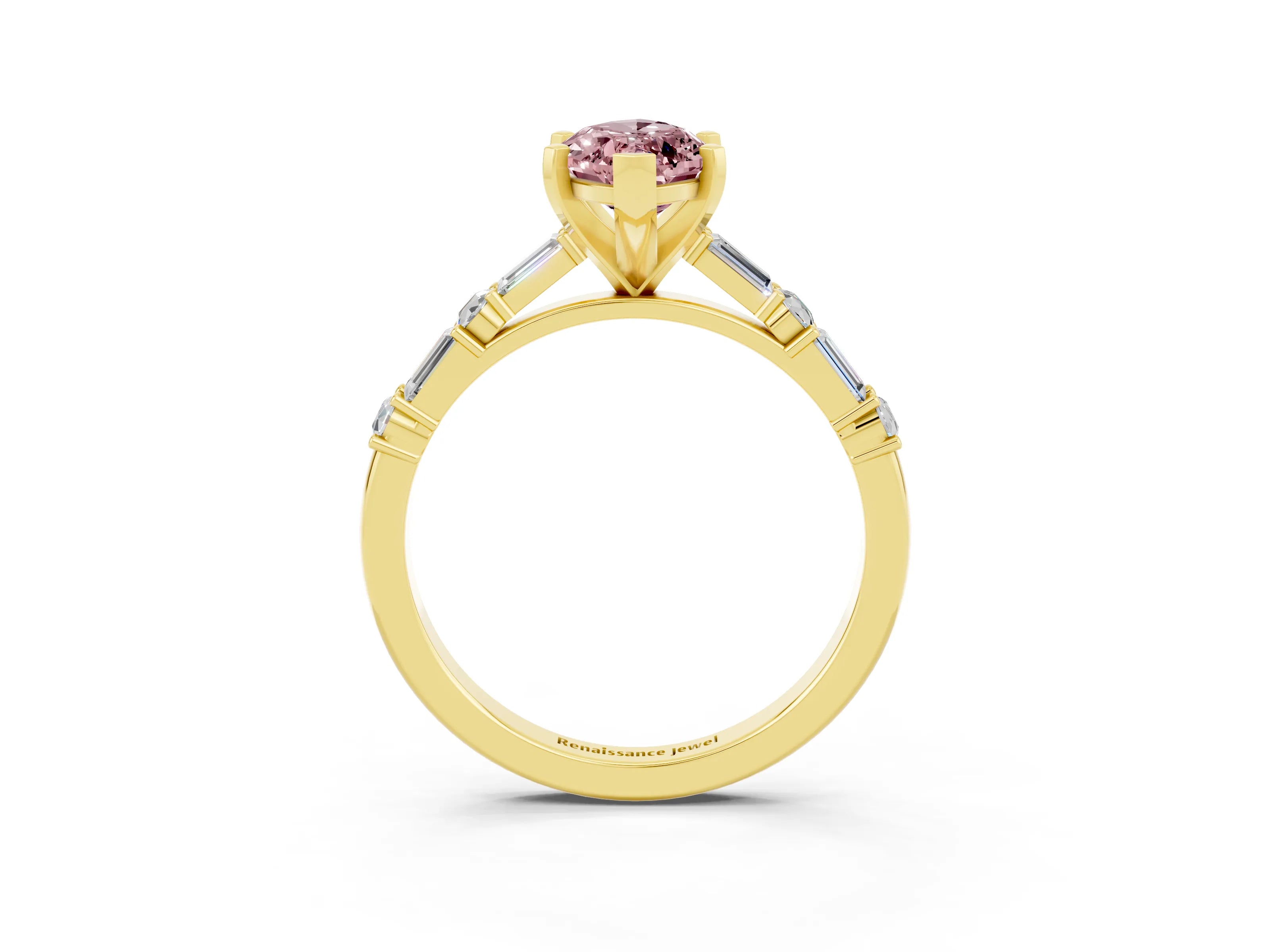 Yellow gold Marquise Cut Morganite Solitaire with Side Baguettes and Channel Set Band_3