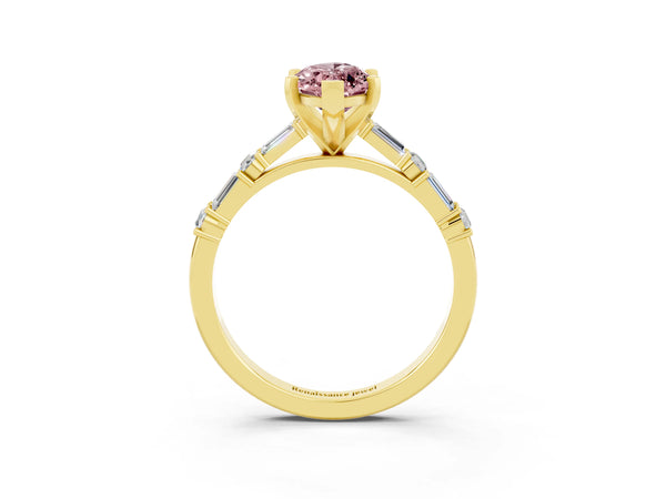 Yellow gold Marquise Cut Morganite Solitaire with Side Baguettes and Channel Set Band