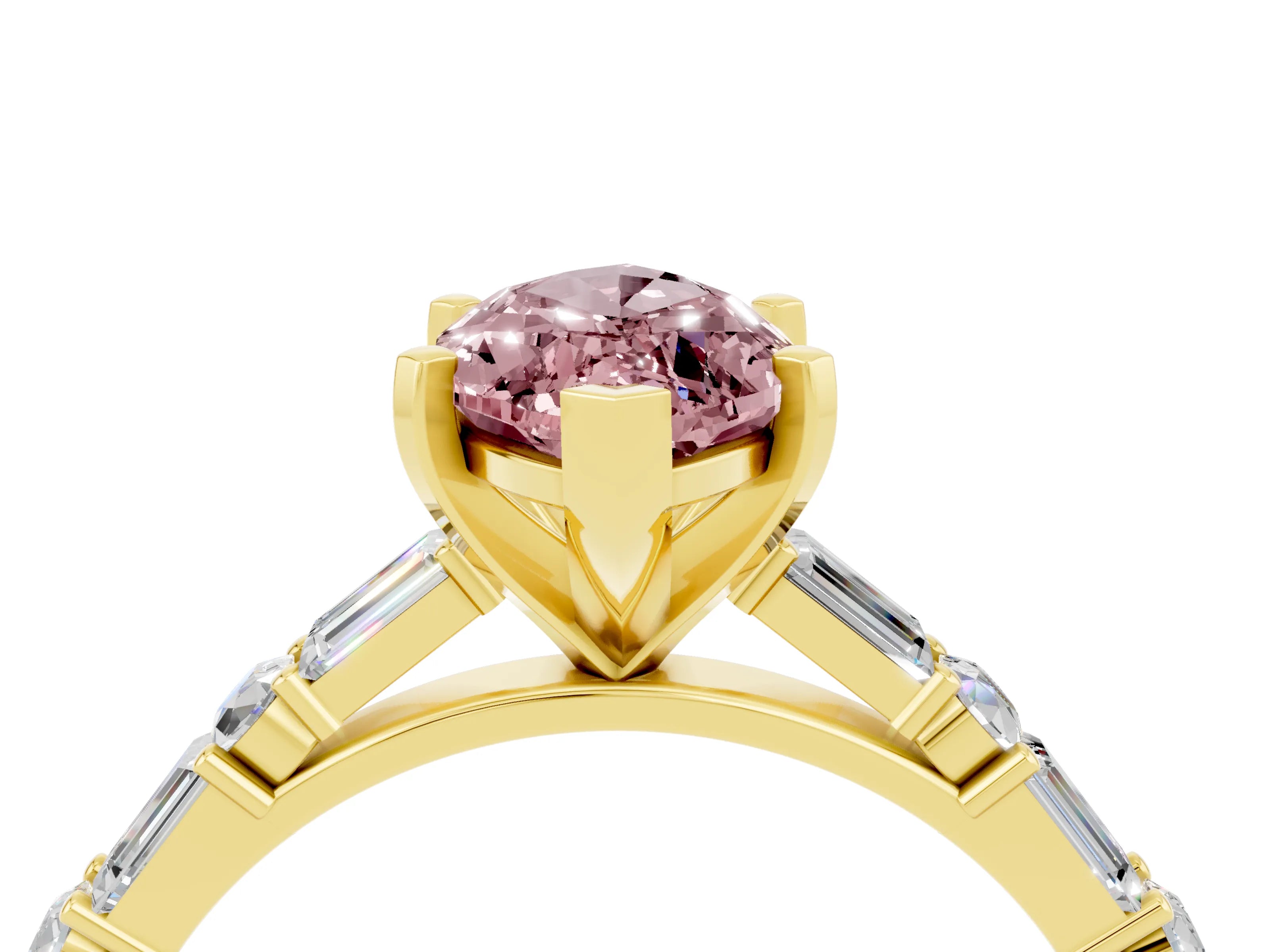 Yellow gold Marquise Cut Morganite Solitaire with Side Baguettes and Channel Set Band_4