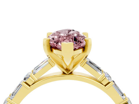 Yellow gold Marquise Cut Morganite Solitaire with Side Baguettes and Channel Set Band_4