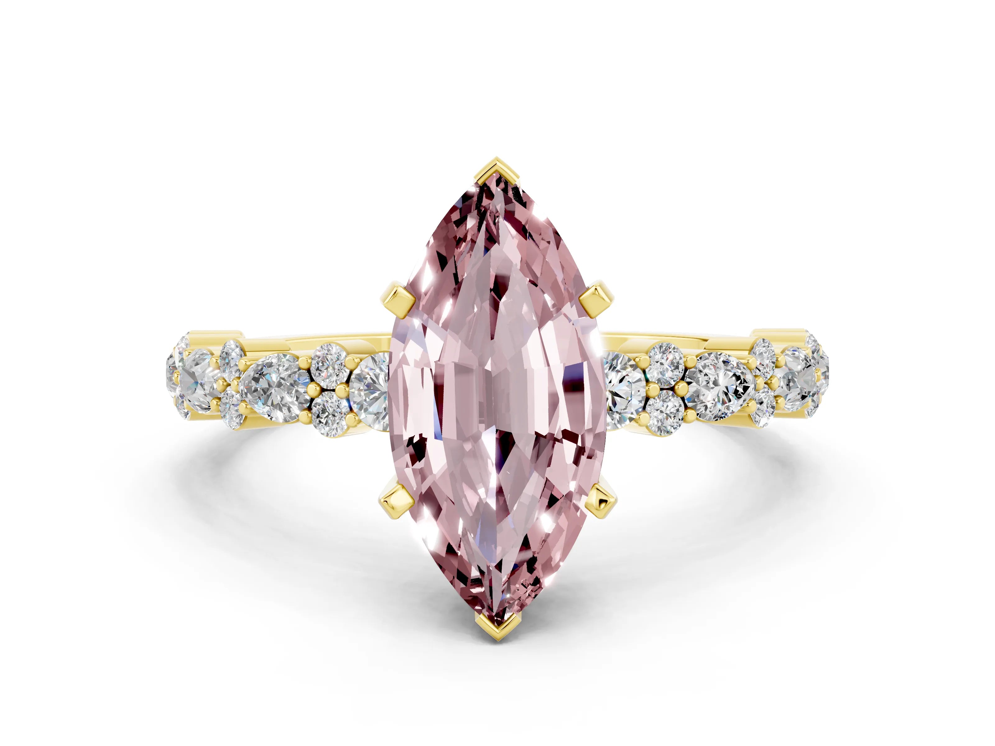 Yellow gold Marquise Cut Morganite Solitaire with Side Stones, Pave Band, Four-Prong Setting_36