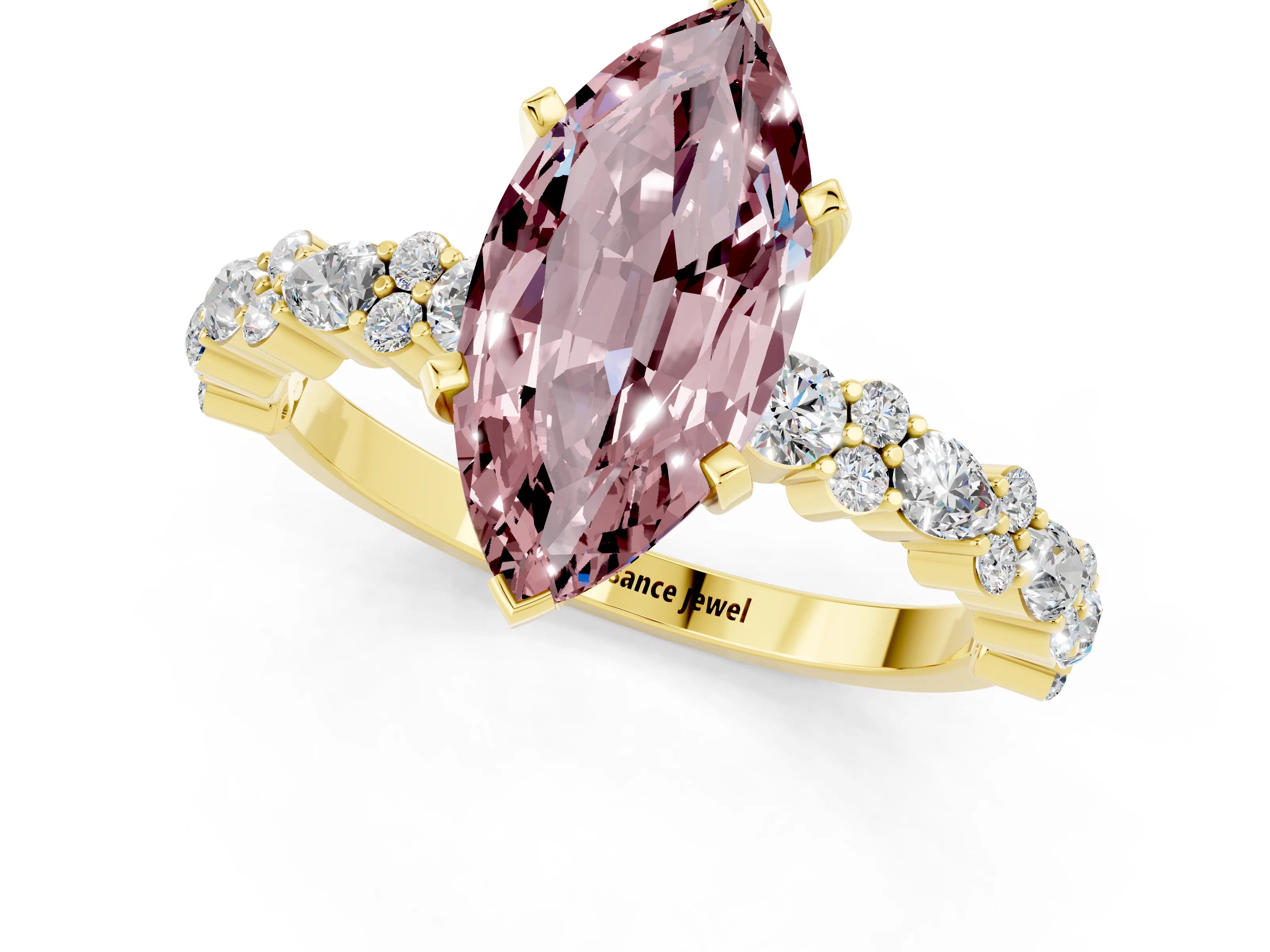 Yellow gold Marquise Cut Morganite Solitaire with Side Stones, Pave Band, Four-Prong Setting_37
