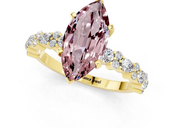 Yellow gold Marquise Cut Morganite Side Stone Solitaire Ring with Round  and Four-Prong Setting
