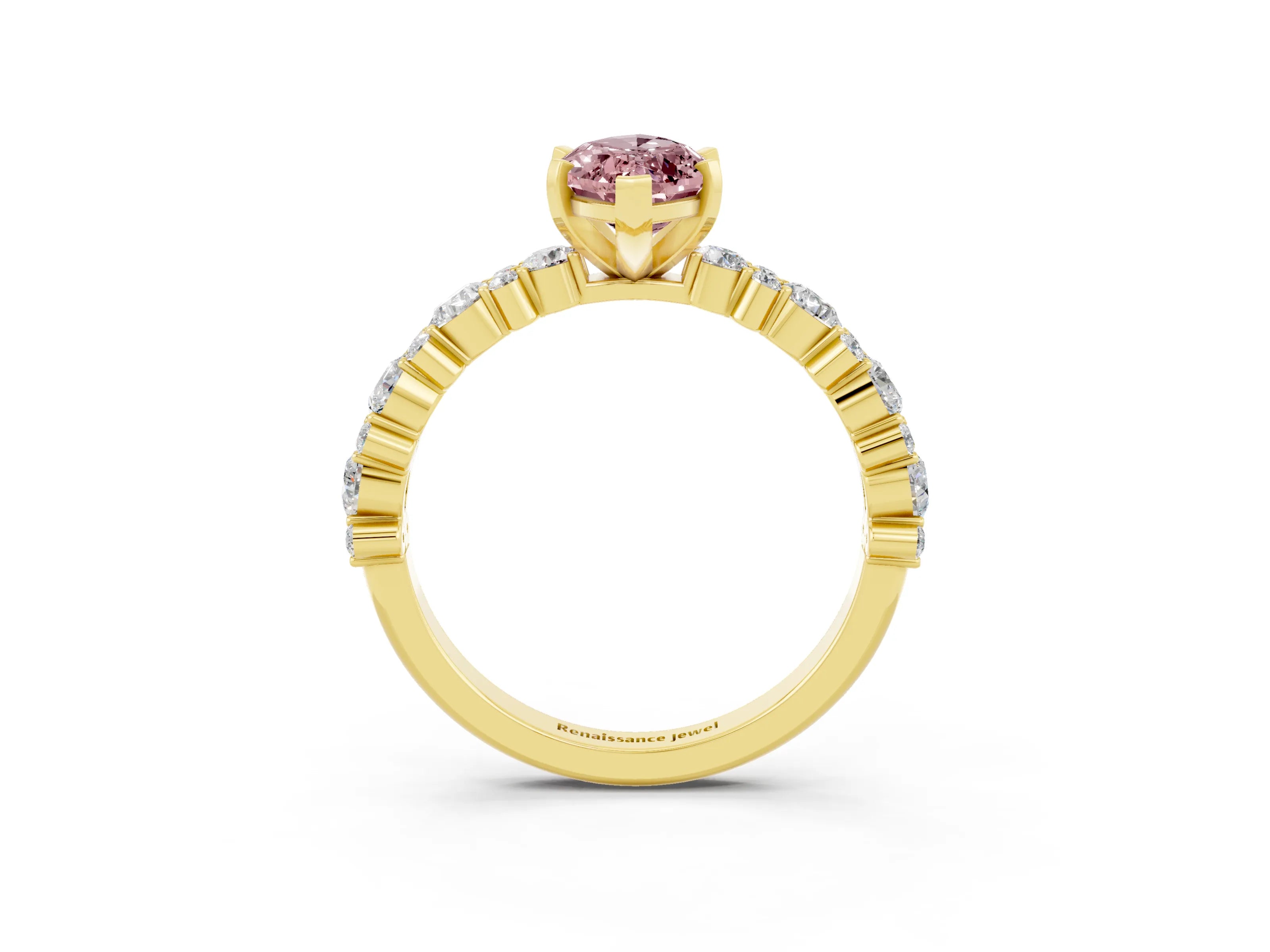 Yellow gold Marquise Cut Morganite Solitaire with Side Stones, Pave Band, Four-Prong Setting_39