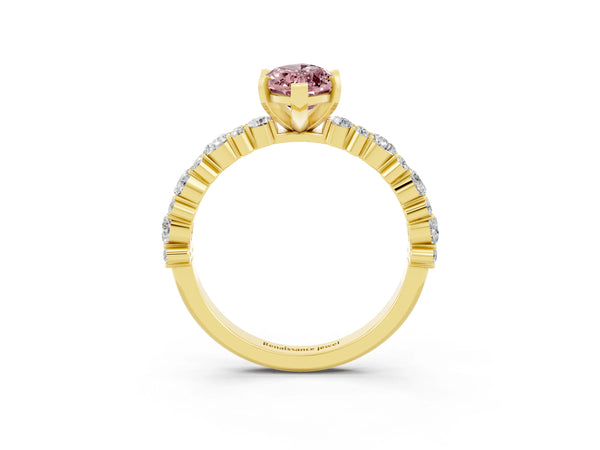 Yellow gold Marquise Cut Morganite Side Stone Solitaire Ring with Round  and Four-Prong Setting