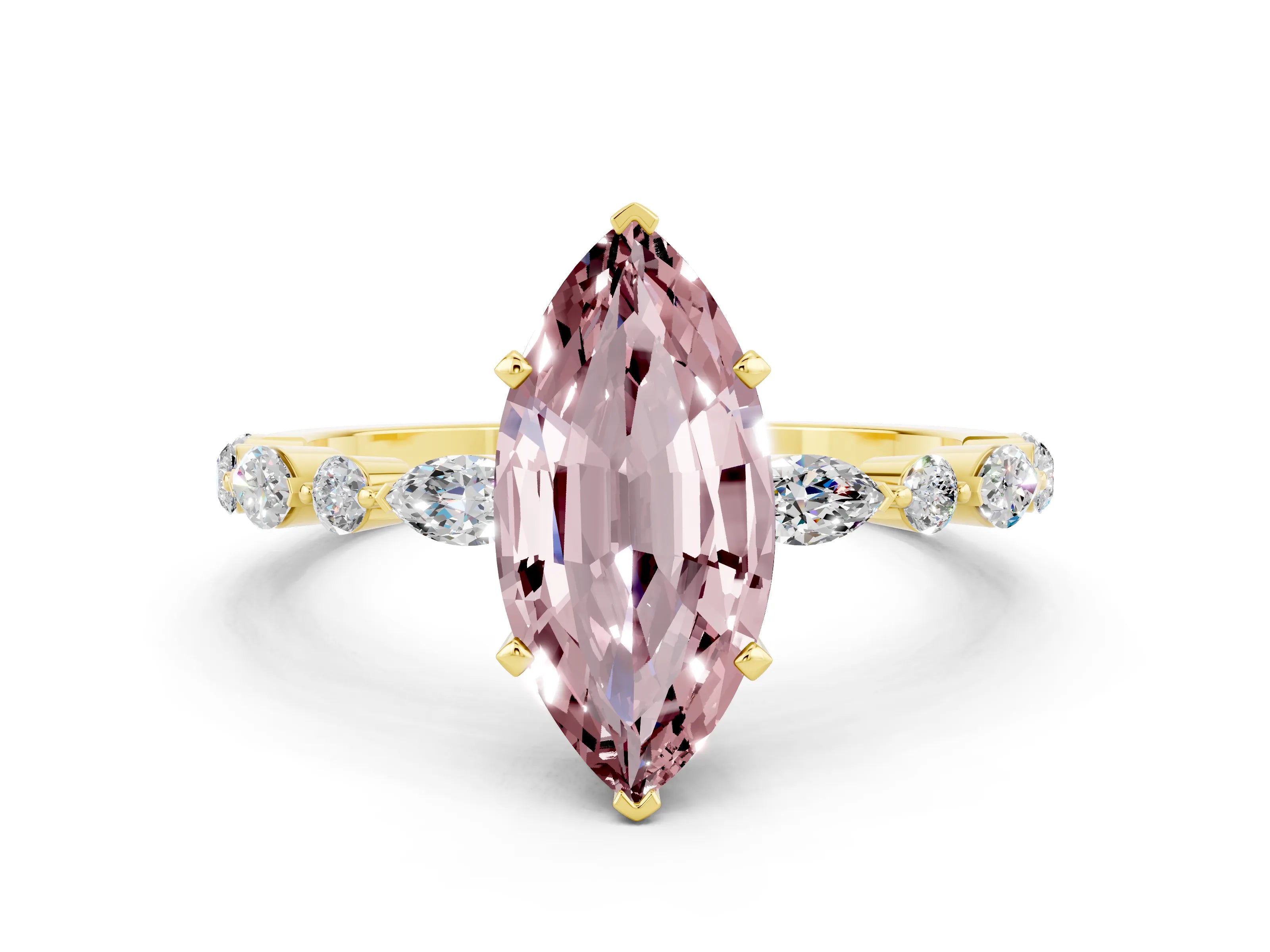 Yellow gold Marquise Cut Morganite Solitaire with Side Stones on a Pavé Band and Four-Prong Setting