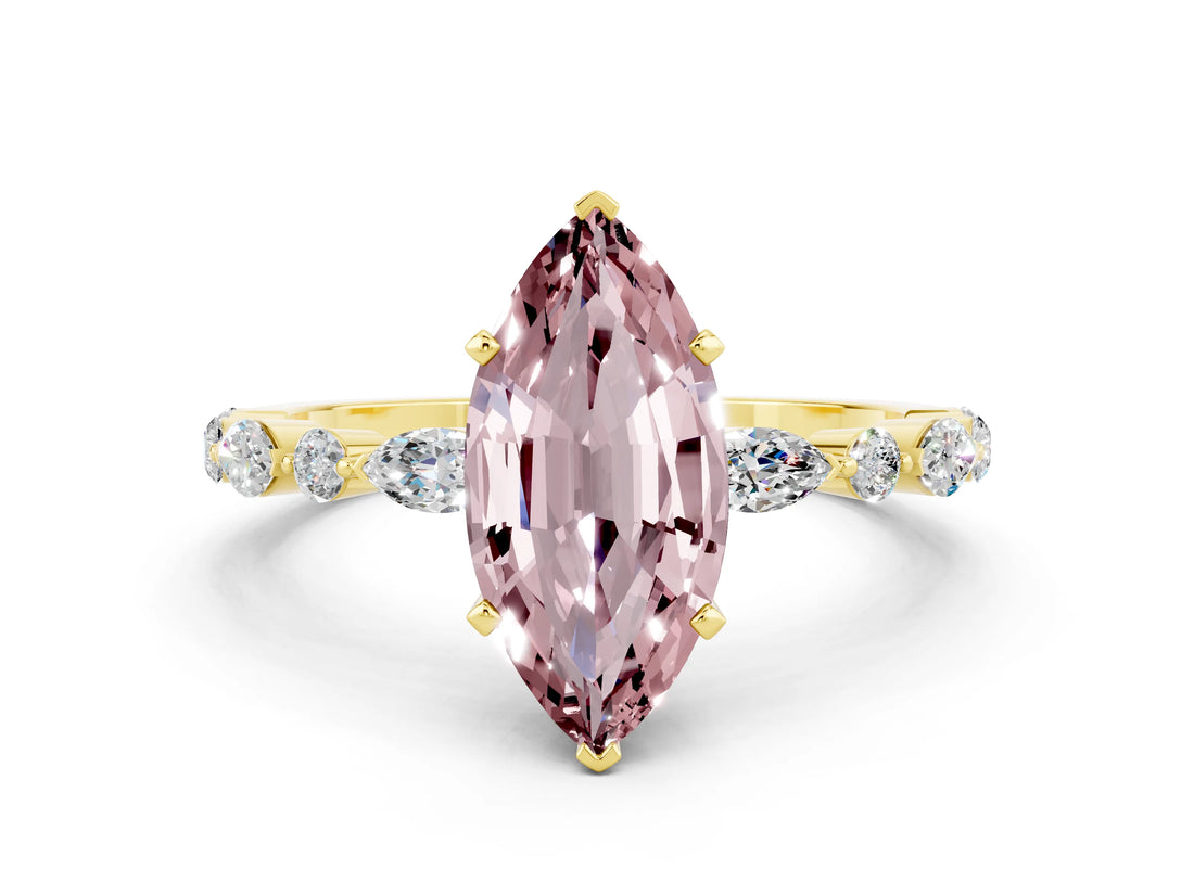 Yellow gold Marquise Cut Morganite Solitaire with Side Stones on a Pavé Band and Four-Prong Setting