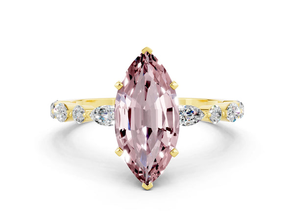 Yellow gold Marquise Cut Morganite Ring with Marquise and Round  Side Stones and Four-Prong Setting