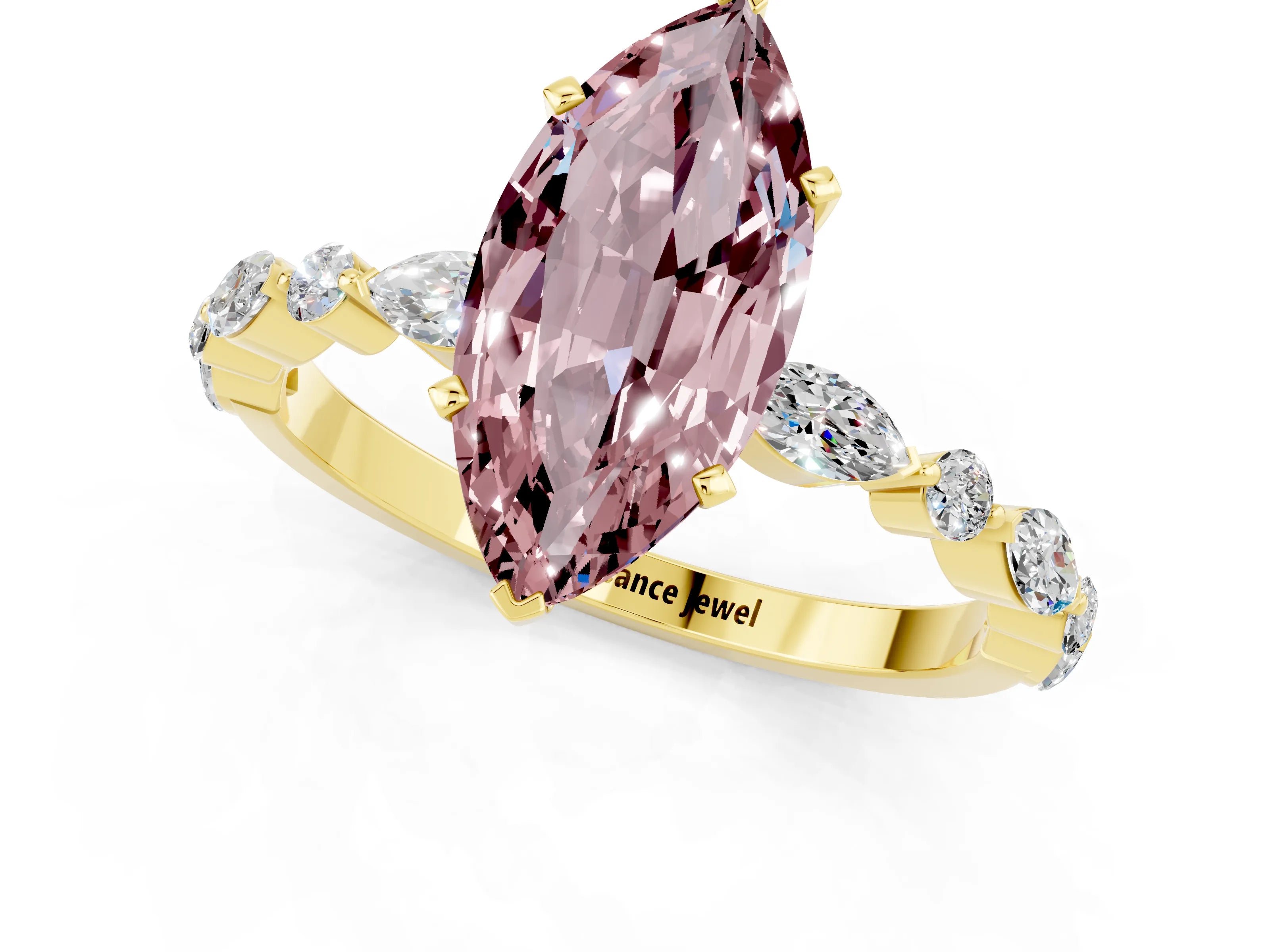 Yellow gold Marquise Cut Morganite Solitaire with Side Stones on a Pavé Band and Four-Prong Setting_1
