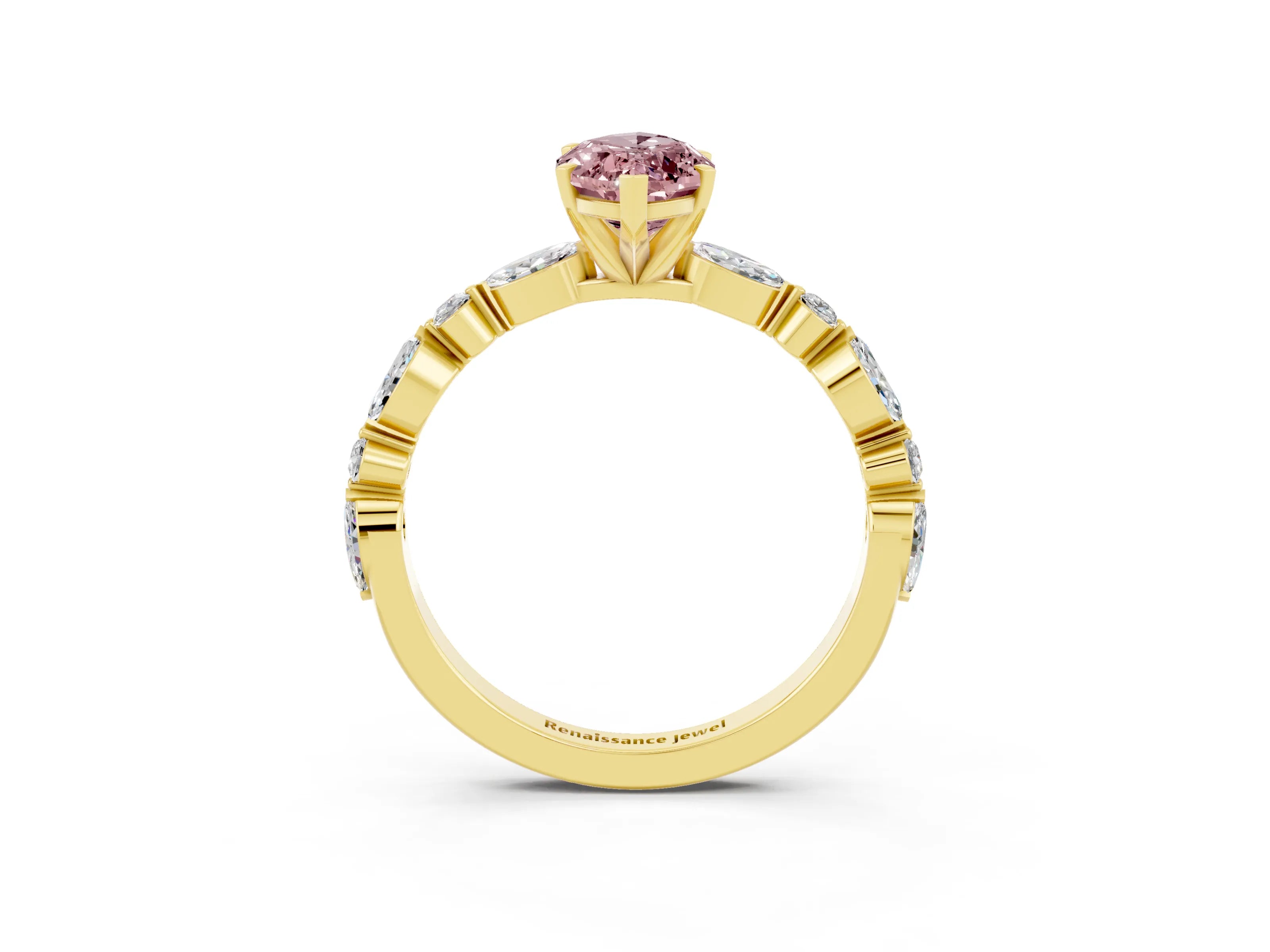Yellow gold Marquise Cut Morganite Solitaire with Side Stones on a Pavé Band and Four-Prong Setting_3