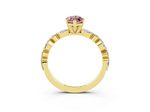 Yellow gold Marquise Cut Morganite Solitaire with Side Stones on a Pavé Band and Four-Prong Setting_3