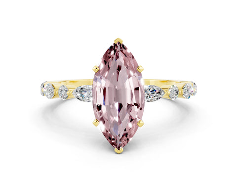 Yellow gold Marquise Cut Morganite Solitaire with Side Stones on a Pavé Band and Four-Prong Setting