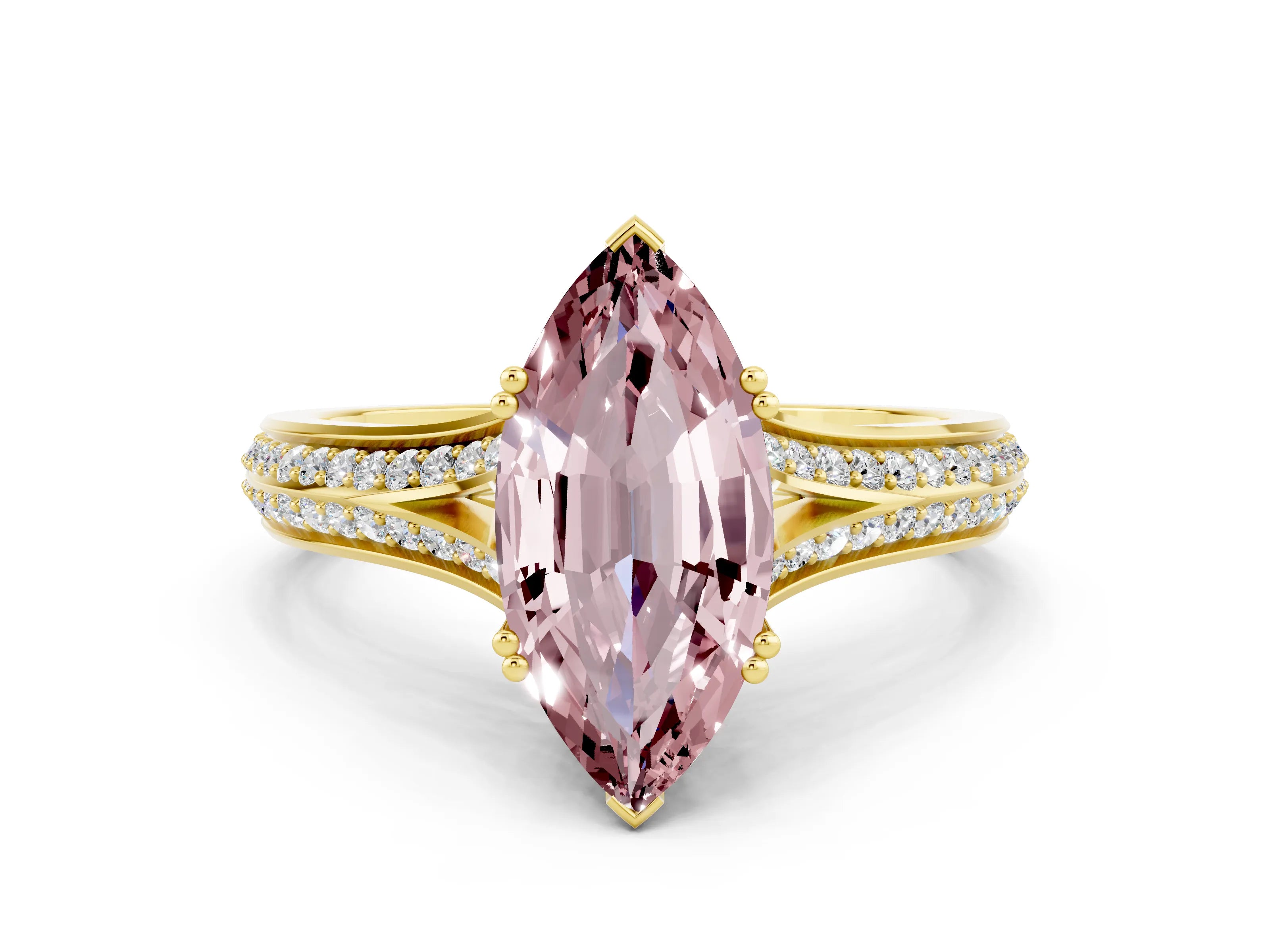 Yellow gold Marquise Cut Morganite Split Shank Engagement Ring with Pavé Band