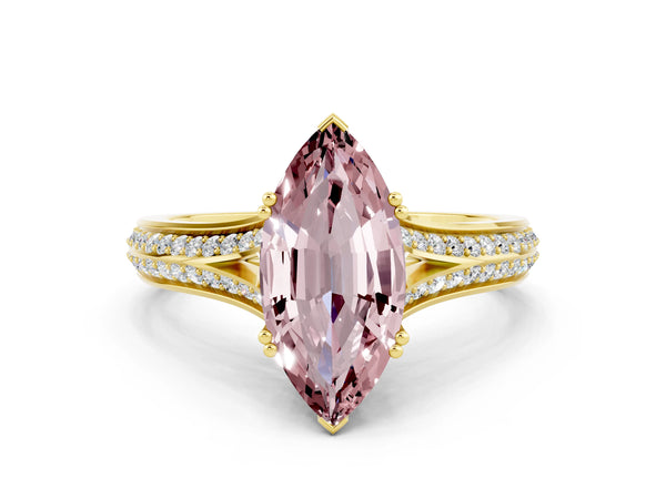 Yellow gold Marquise Cut Morganite Split Shank Engagement Ring with Pavé Band