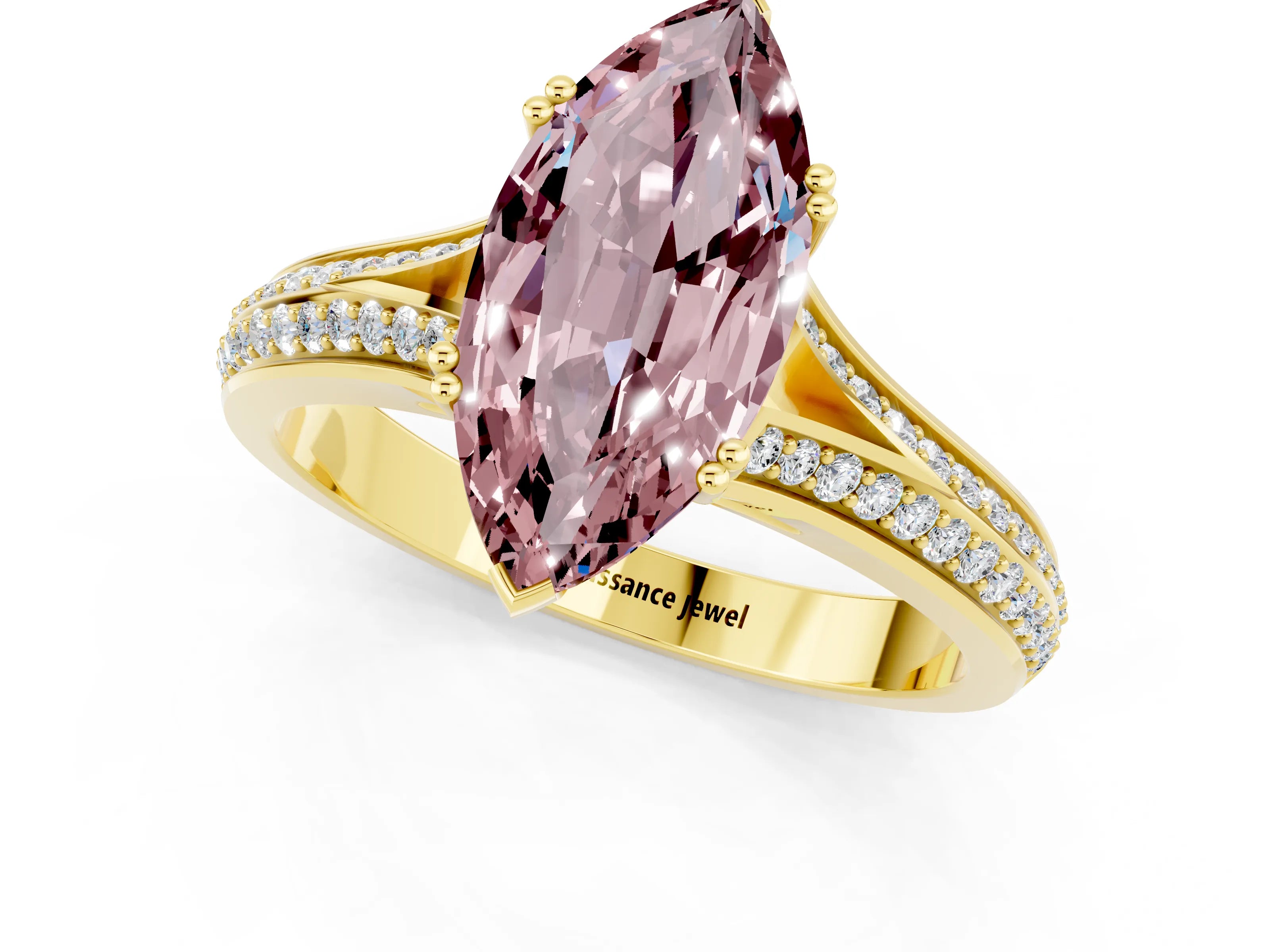 Yellow gold Marquise Cut Morganite Split Shank Engagement Ring with Pavé Band_1
