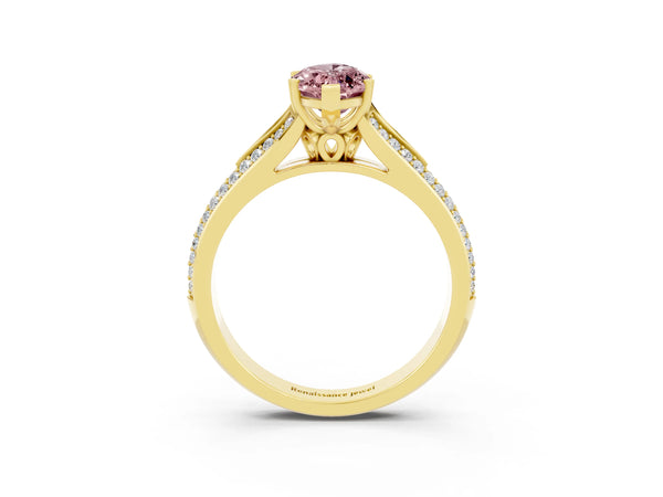 Yellow gold Marquise Cut Morganite Split Shank Engagement Ring with Pavé Band