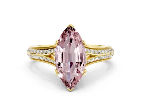 Yellow gold Marquise Cut Morganite Split Shank Engagement Ring with Pavé Band