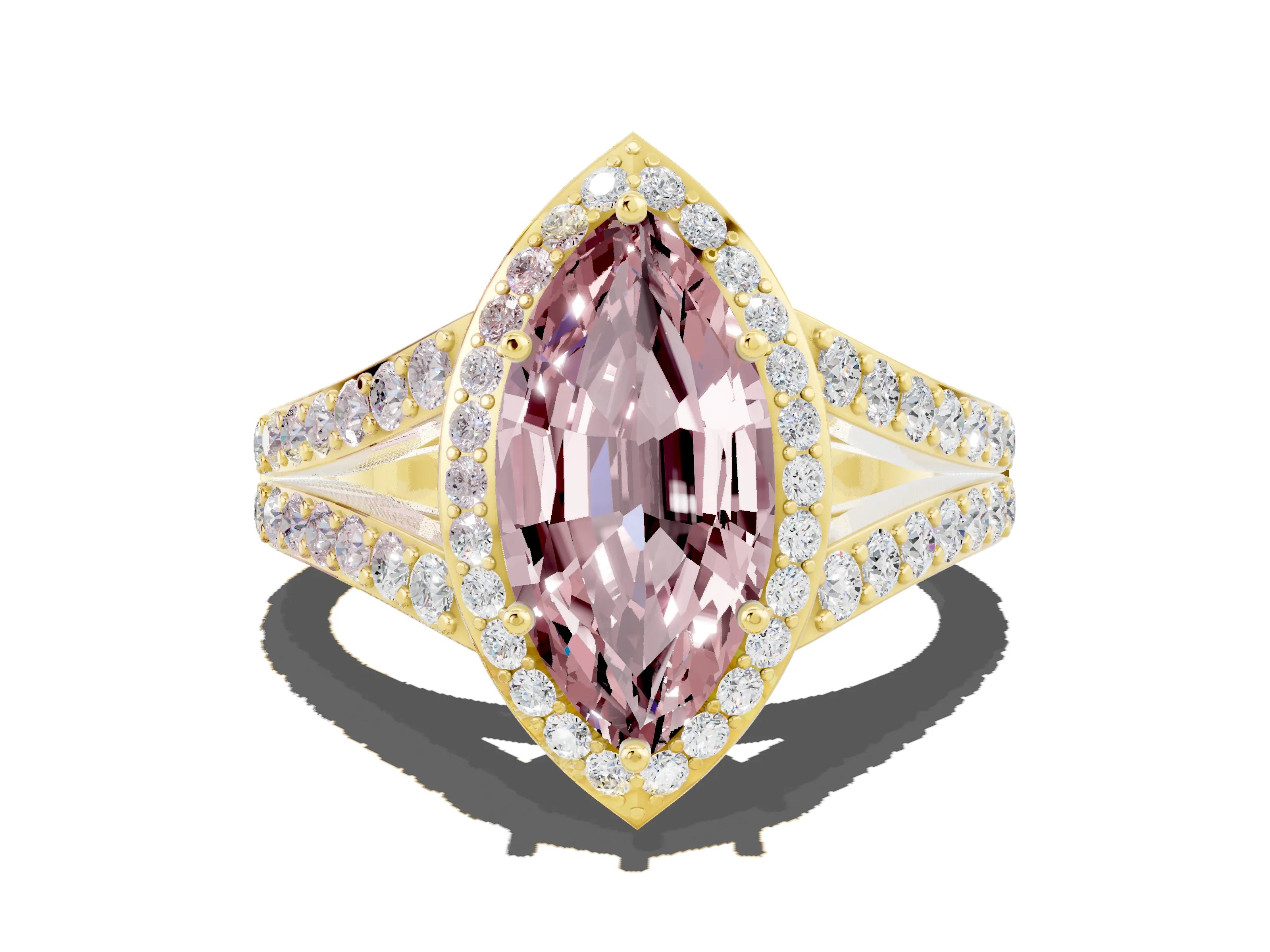 Yellow gold Marquise Cut Morganite Split Shank Halo Ring with Four-Prong Setting_12