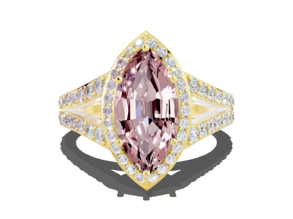 Yellow gold Marquise Cut Morganite Split Shank Halo Ring with Four-Prong Setting