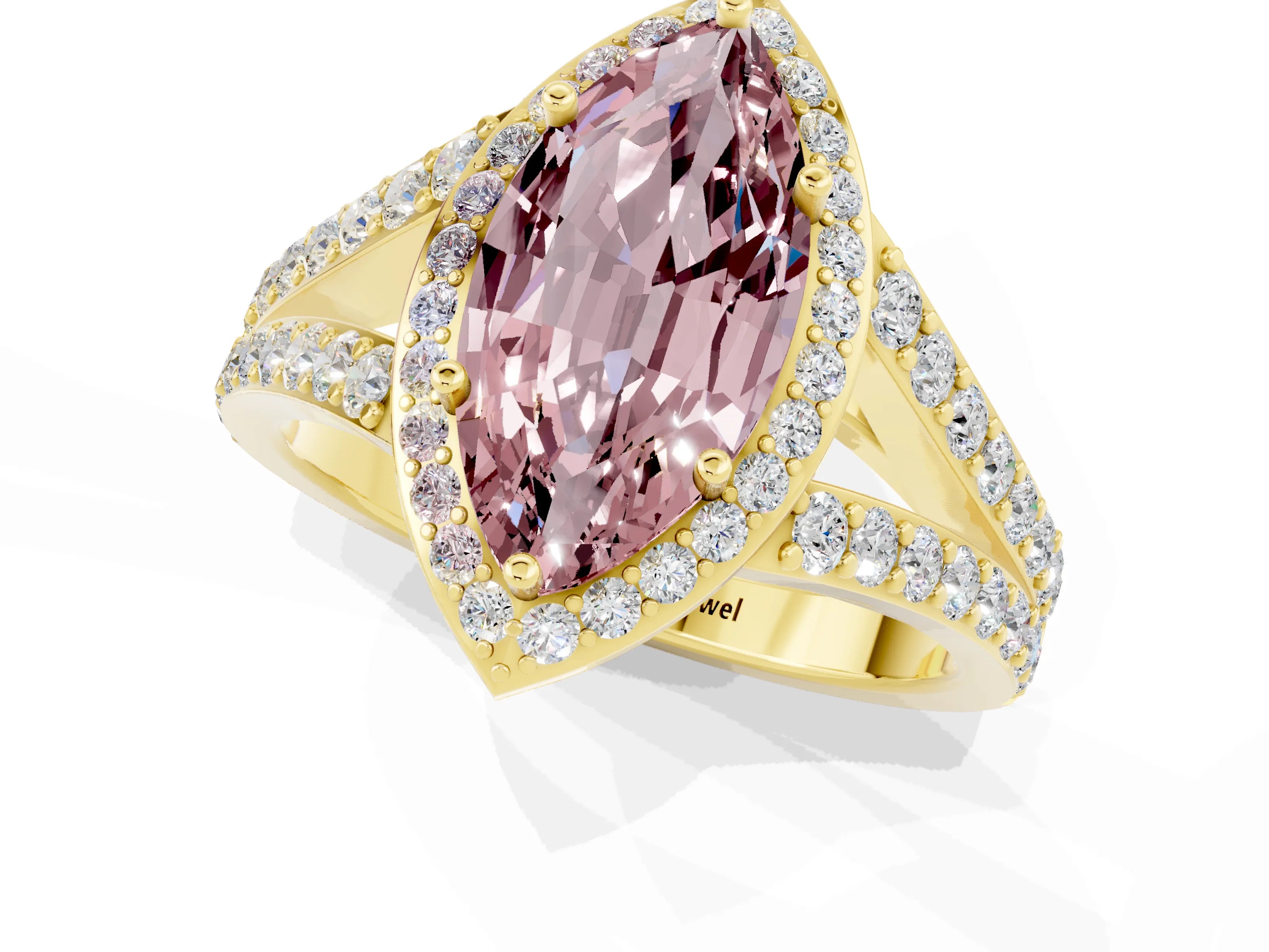 Yellow gold Marquise Cut Morganite Split Shank Halo Ring with Four-Prong Setting_13