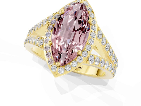 Yellow gold Marquise Cut Morganite Split Shank Halo Ring with Four-Prong Setting