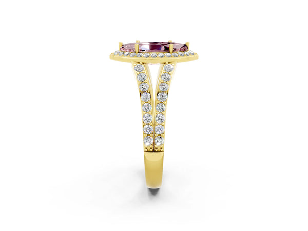 Yellow gold Marquise Cut Morganite Split Shank Halo Ring with Four-Prong Setting
