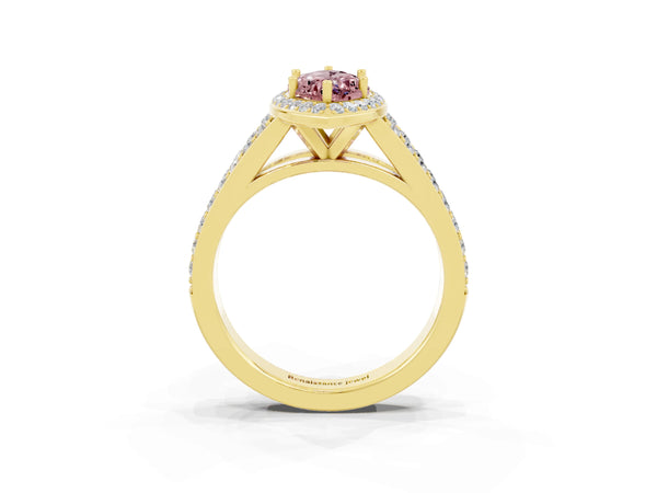 Yellow gold Marquise Cut Morganite Split Shank Halo Ring with Four-Prong Setting