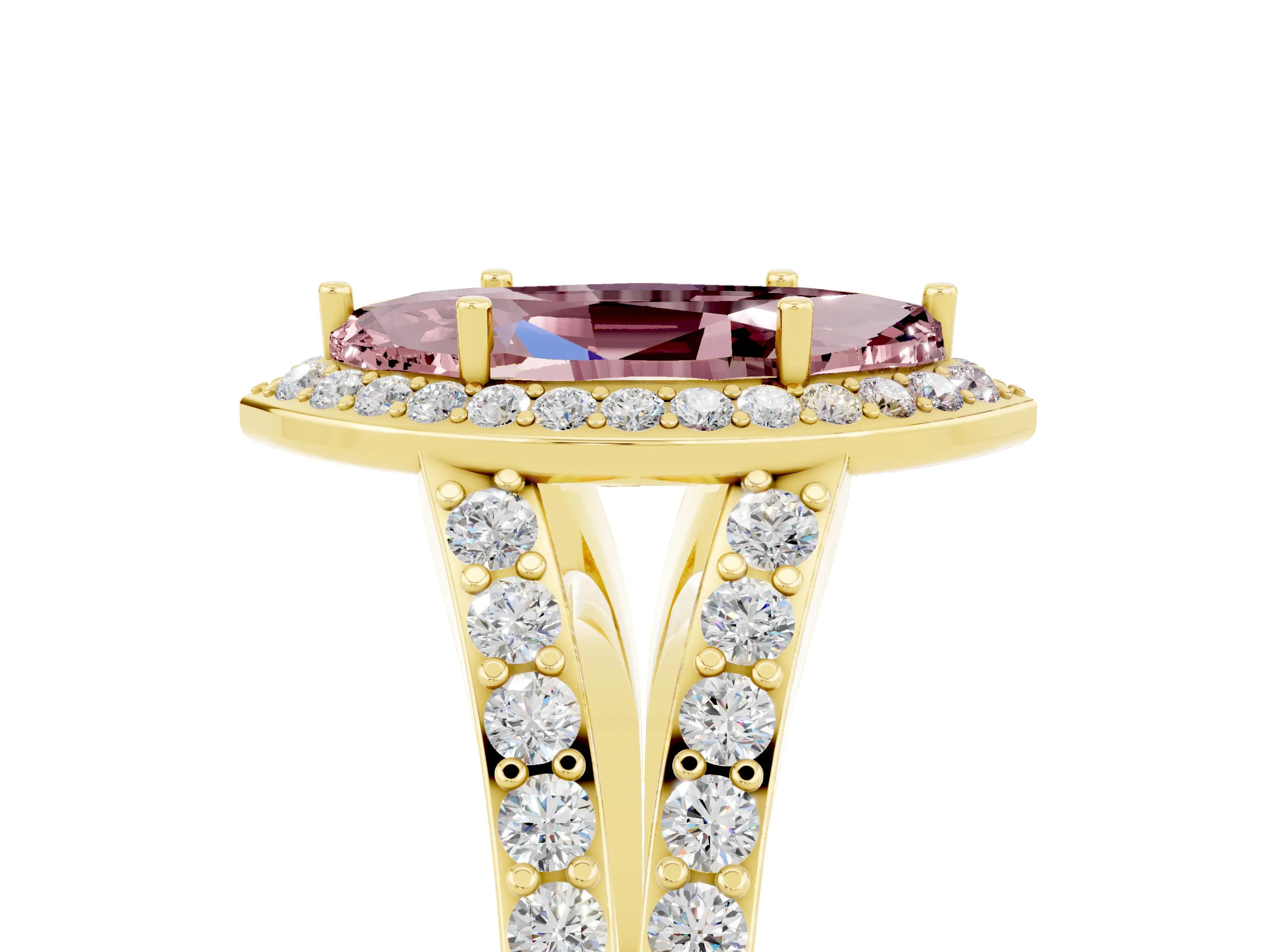 Yellow gold Marquise Cut Morganite Split Shank Halo Ring with Four-Prong Setting_17