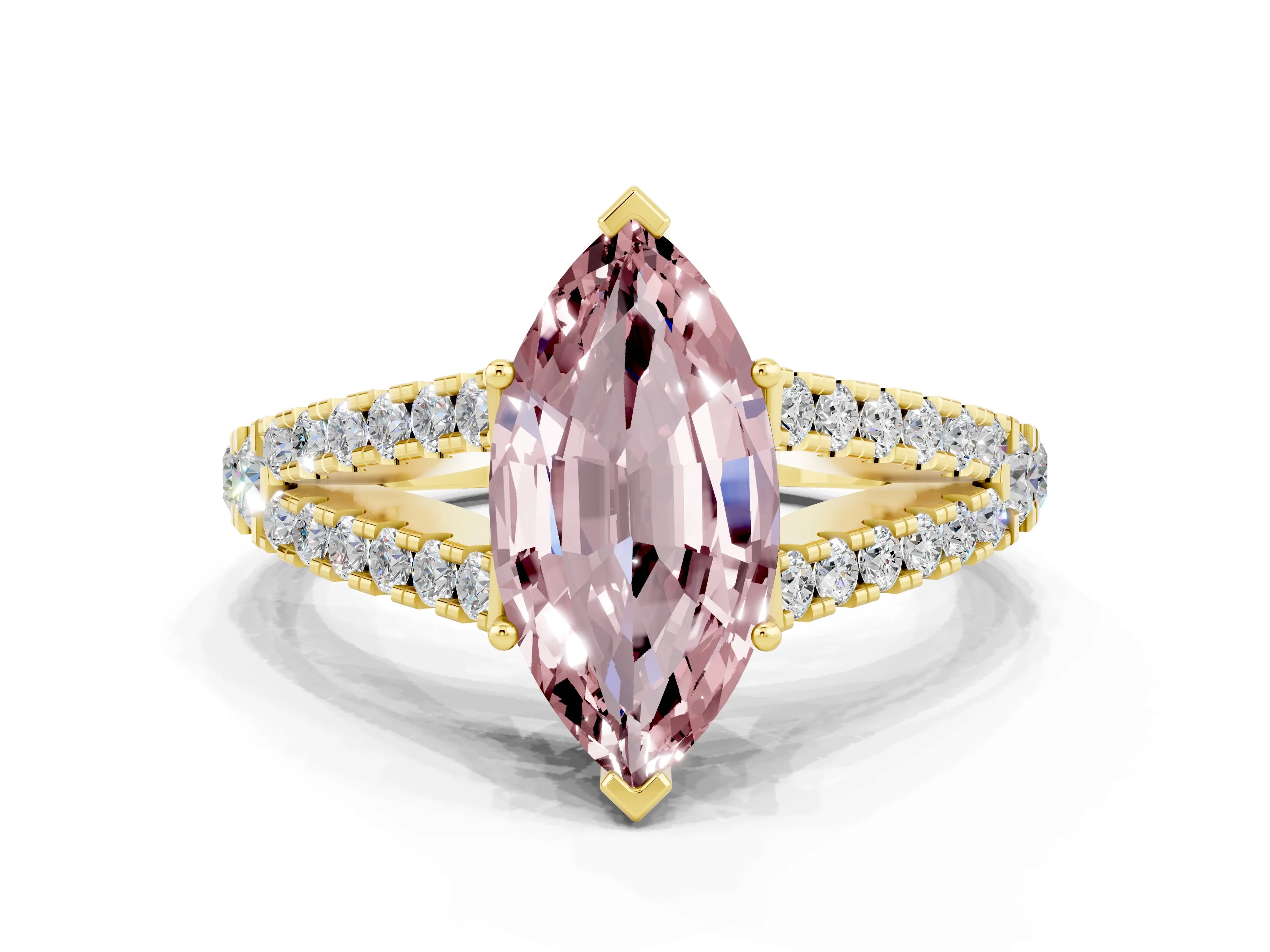 Yellow gold Marquise Cut Morganite Split Shank Pavé Engagement Ring with Four-Prong Setting_12