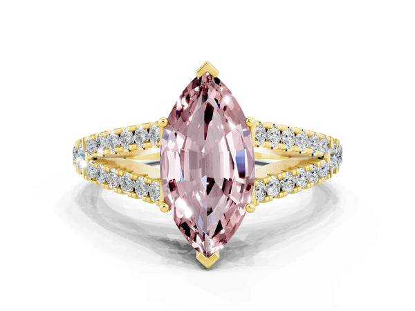 Yellow gold Marquise Cut Morganite Split Shank Pavé Engagement Ring with Four-Prong Setting